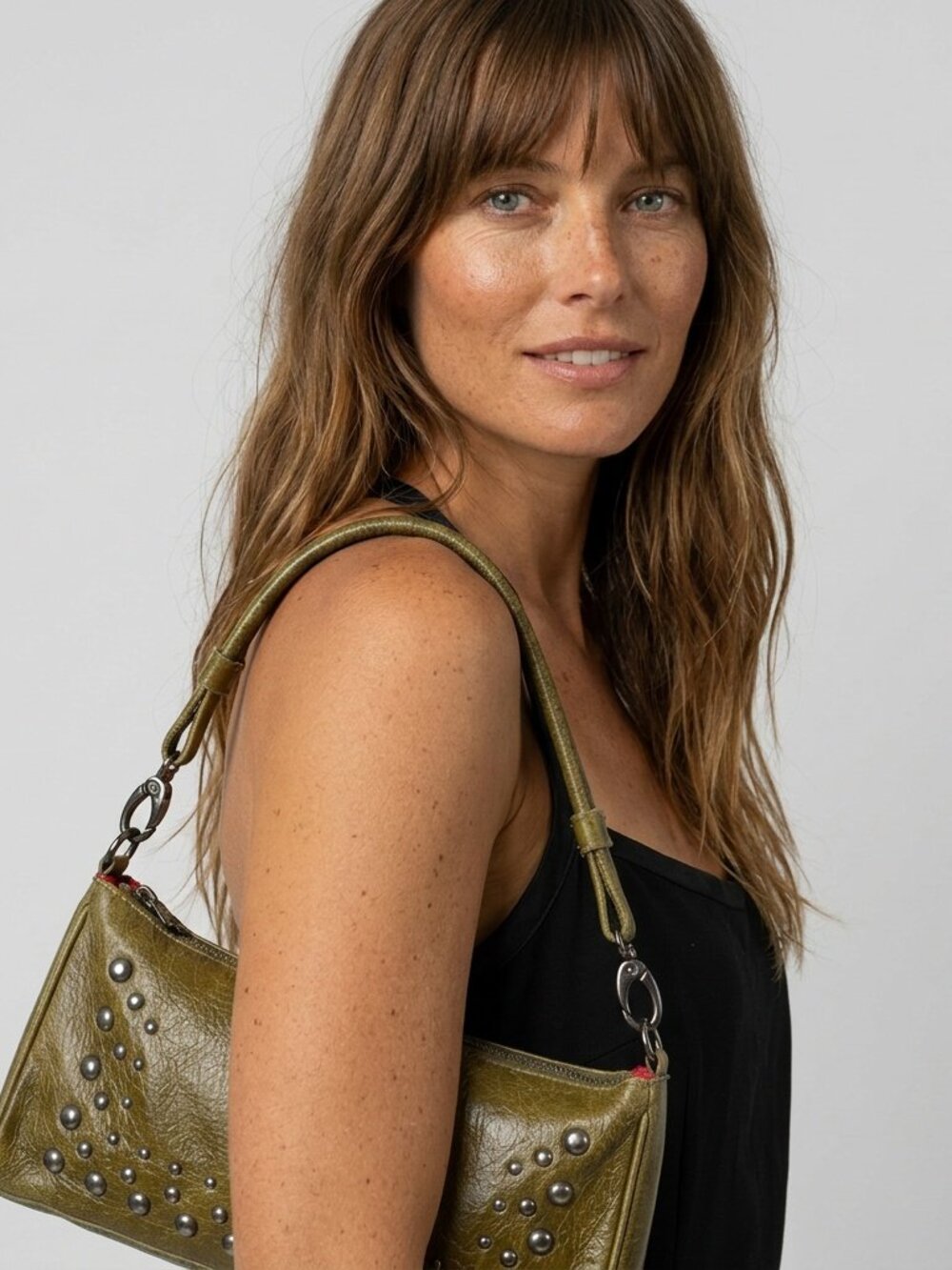 Olive Green Studded Leather Shoulder Bag Convertible Clutch